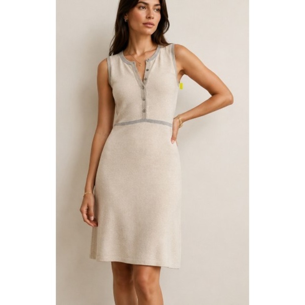 Magaschoni Cashmere Sleeveless Knit Dress M grey cream Oatmeal Henley Luxury